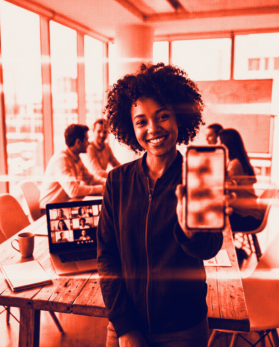 Red-toned scene of a person holding up a phone in a meeting room, with a video call open on a laptop behind